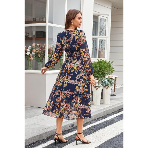 Women's Floral V Neck Chiffon Maxi Dress Long Sleeve Weddings Casual - Picture 3 of 5